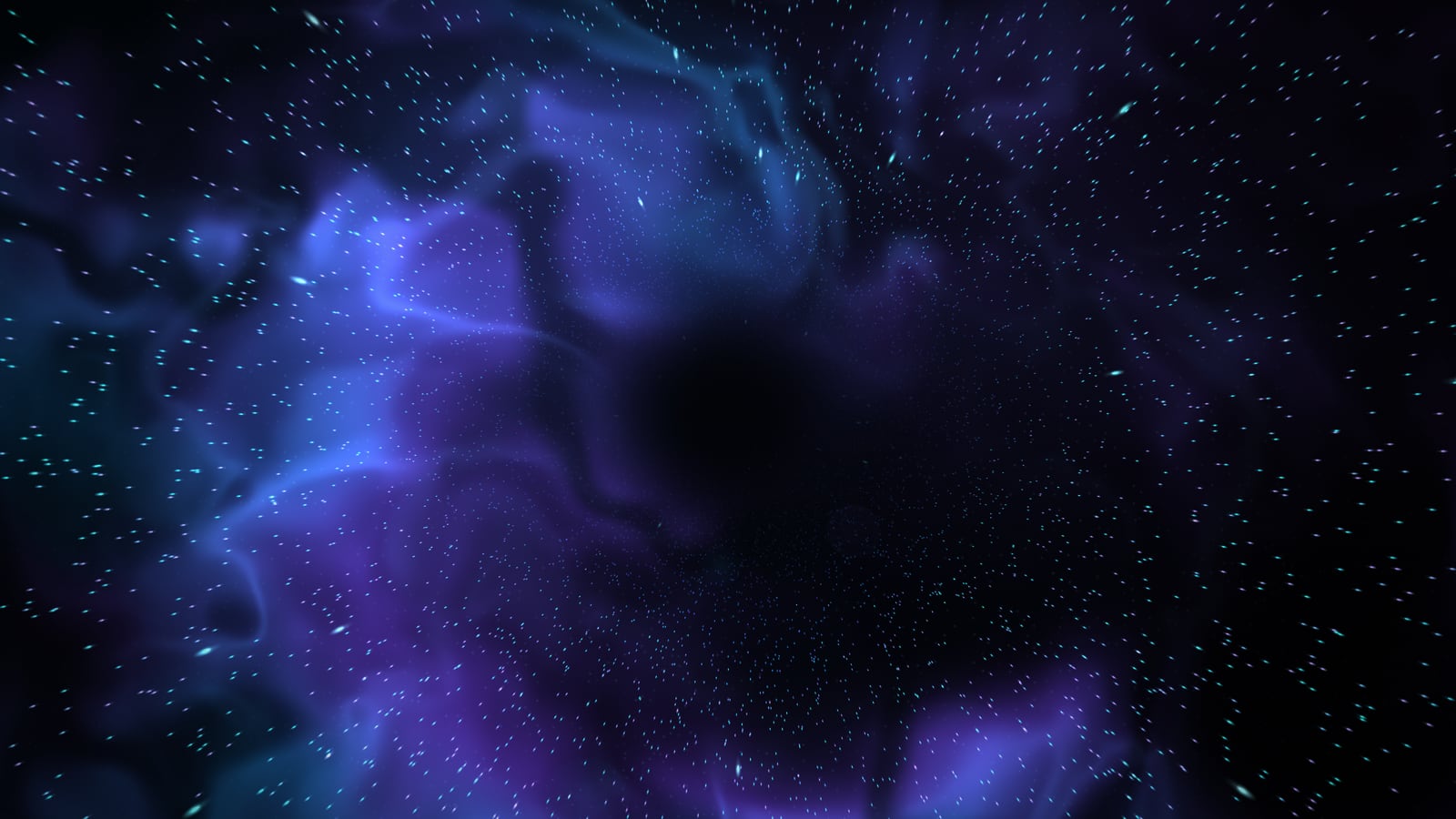 Cyberspace: stars streaming past violet and blue nebula clouds around a dark center