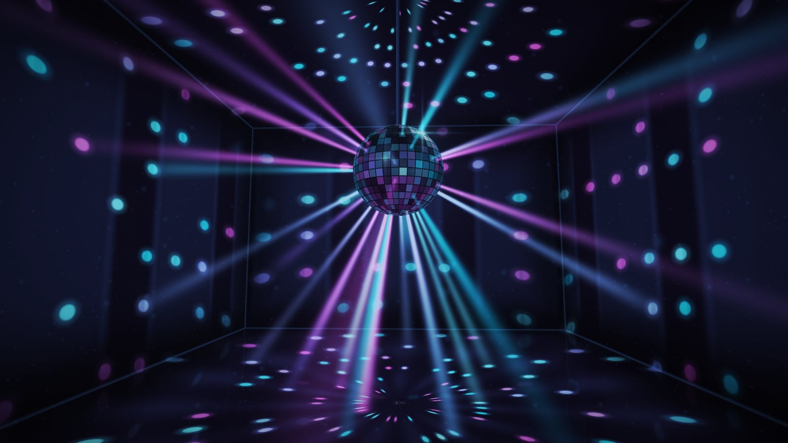 Mirrorball: a mirror ball hanging in a dark club room, sending beams of violet and cyan light across its walls and mirrored floor