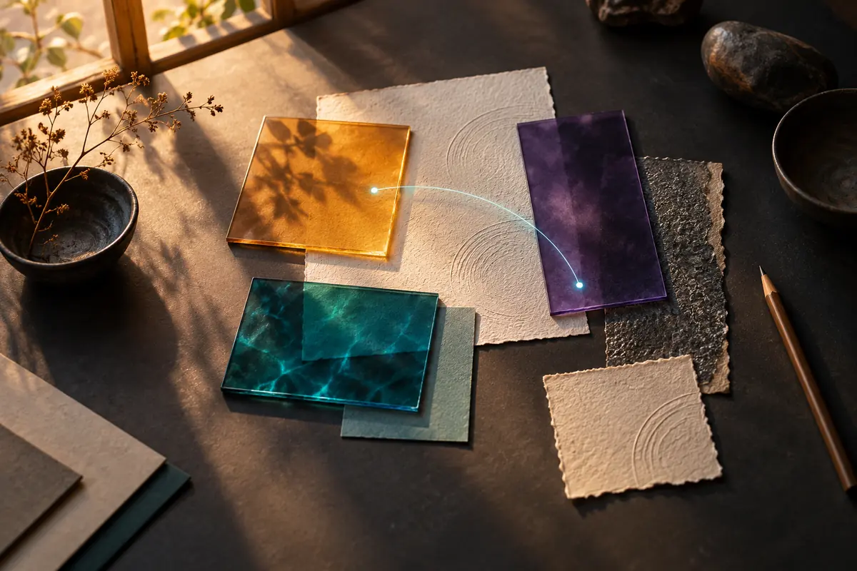 Colored glass and textured paper arranged on a creative table in warm window light.
