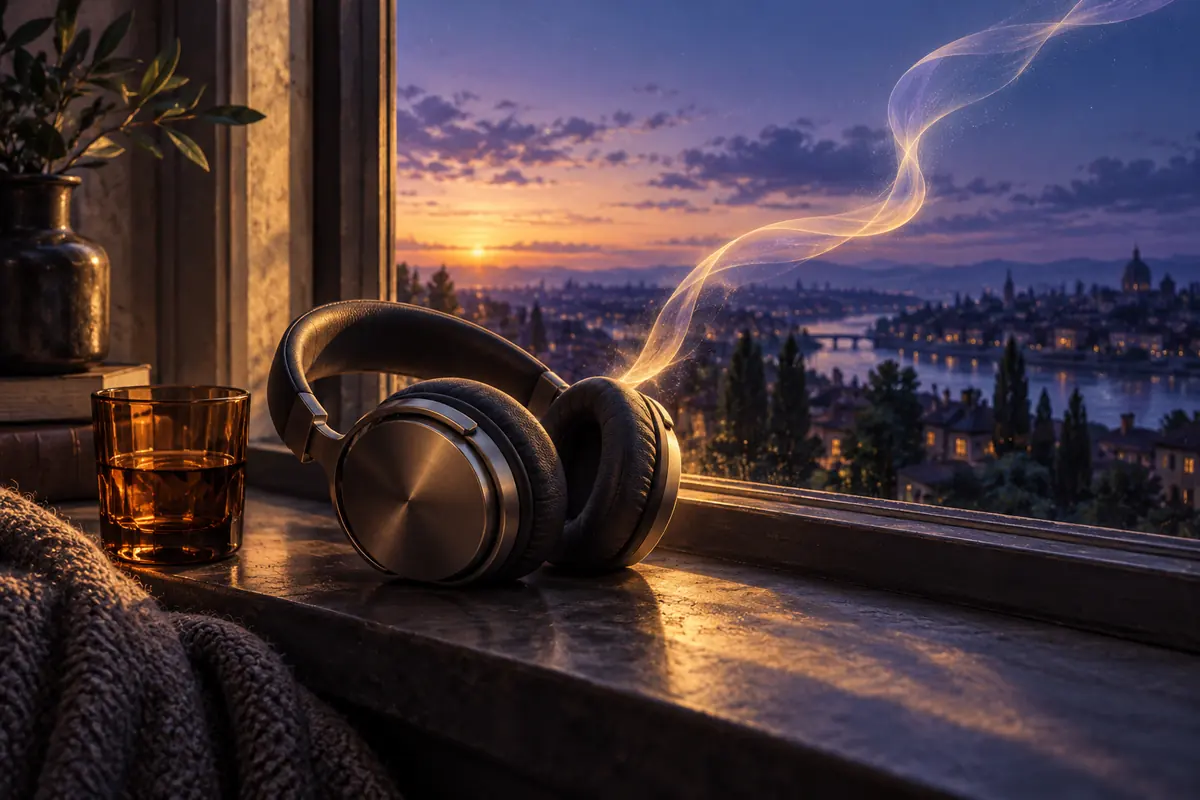 Headphones by a warmly lit window, with a ribbon of light drifting into the evening sky.