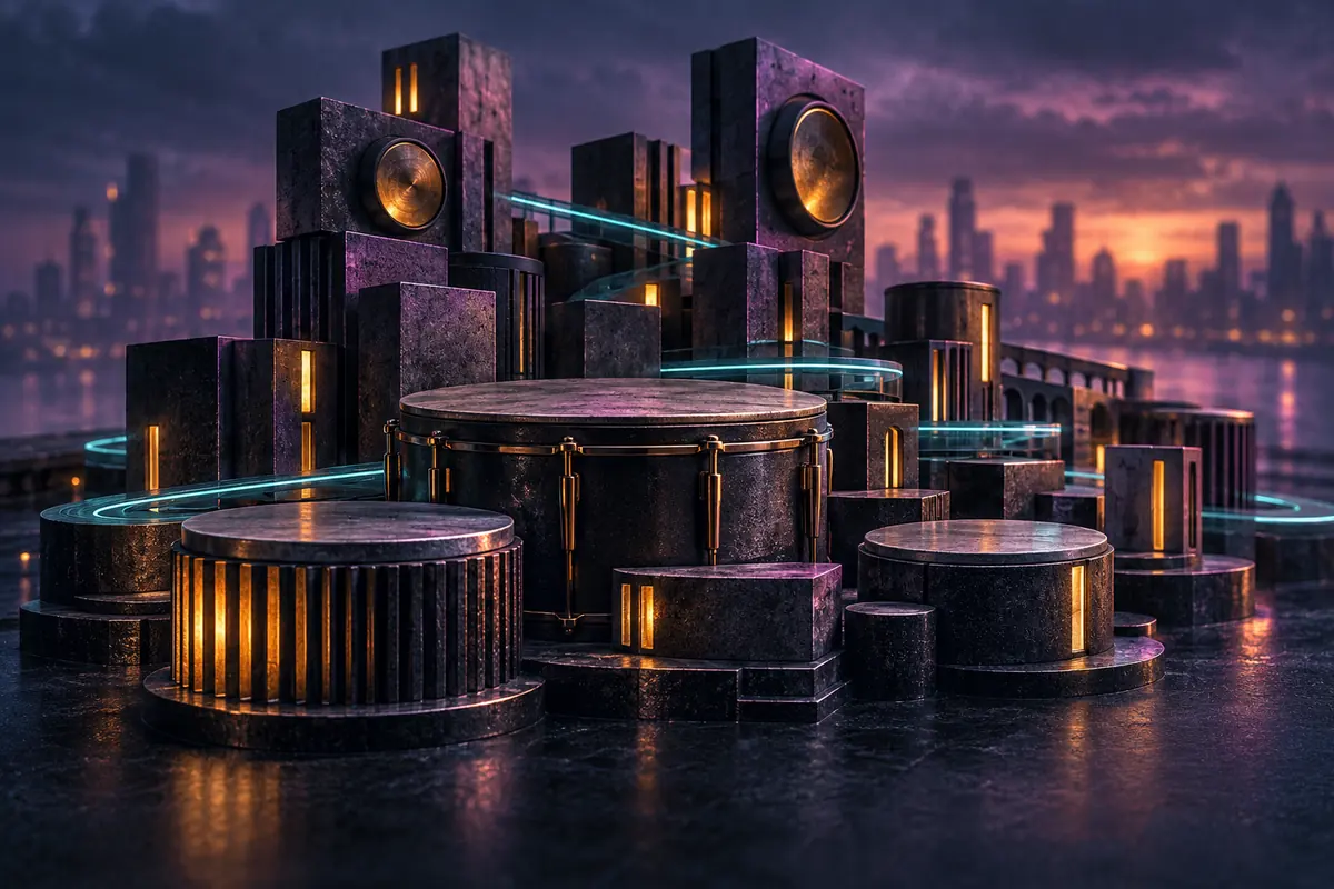 An imagined rhythm city of drum-shaped structures, amber windows and cyan light.