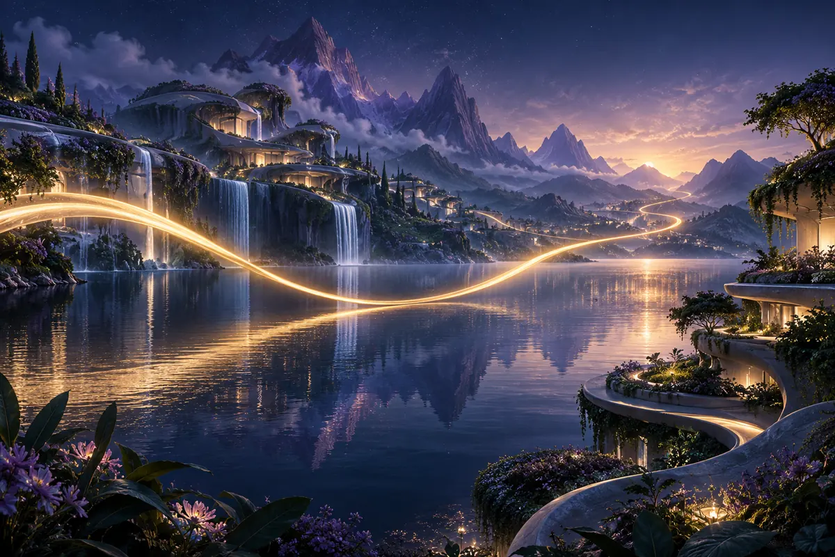 A golden ribbon flowing through an imagined lakeside world of living terraces and mountains.