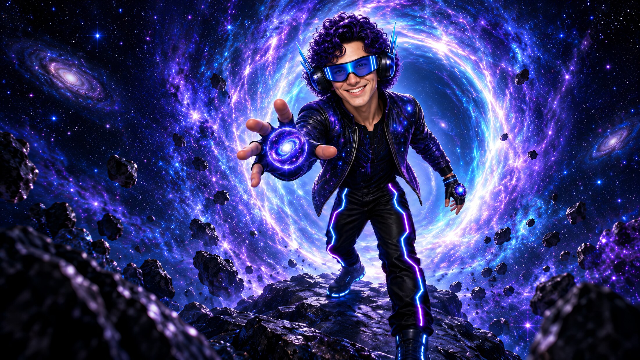 MetaDJ reaching out from a cosmic portal, a galaxy orb in his hand